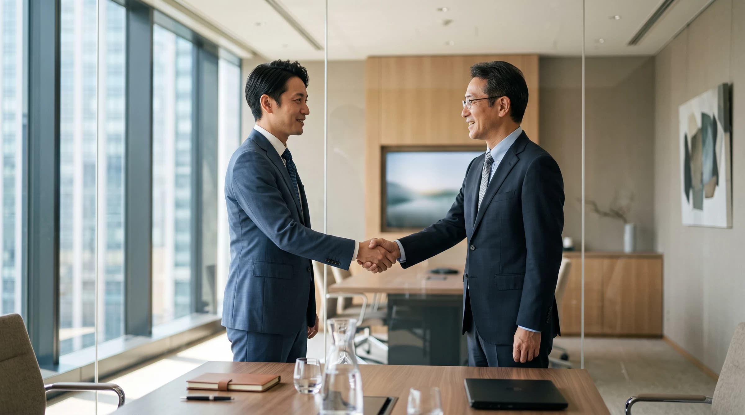 スーツの男性同士が握手する様子